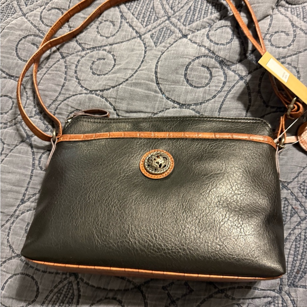 Black and Tan Crossbody Bag with Gold Hardware